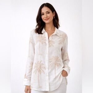 CALYPSO St. Barth Palm Print Linen Button-Down Shirt | White Tan Size 1X